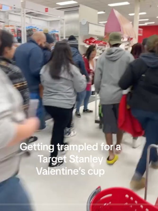 A video posted by TikTok user @jazzedbyjazz shows a crowd rushing to get the new Stanley tumbler in an El Paso, Texas Target store.