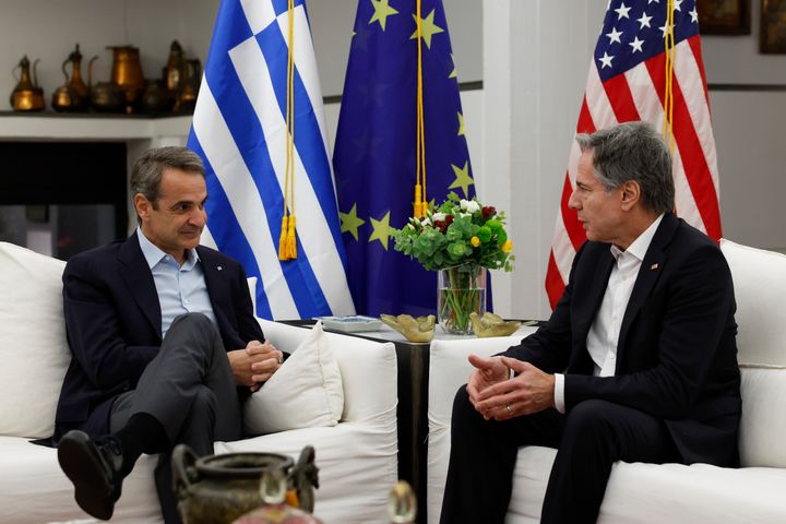 U.S. Secretary of State Antony Blinken, right, meets with Greek Prime Minister Kyriakos Mitsotakis, left, at the Prime Minister's Residence in Crete, Greece, Saturday, Jan. 6, 2024 during his week-long trip aimed at calming tensions across the Middle East. (Evelyn Hockstein/Pool Photo via AP)