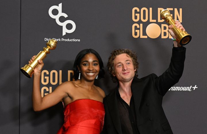 "The Bear's" Ayo Edebiri and Jeremy Allen White celebrate their Golden Globe wins together.