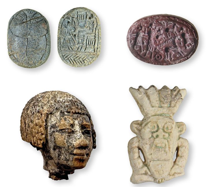 Oστέινη Αιγυπτιακή κεφαλή, 8ος-7ος αι. π.Χ. Ειδώλια από φαγεντιανή του θεού Μπες, 8ος-7ος αι. π.Χ. Λίθινοι σφραγιδόλιθοι, 8ος-7ος αι. π.Χ.