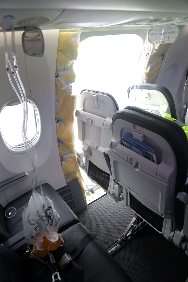 A photo released by NTSB of the interior of Alaska Airlines Flight 1282.