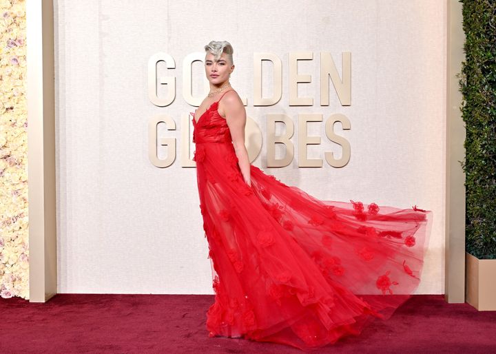 Actor Florence Pugh in Valentino at the 2024 Golden Globes on Sunday.