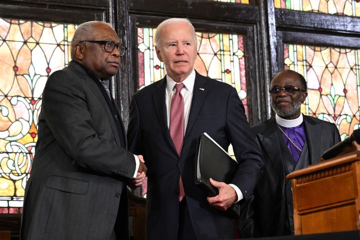 Biden greets Rep. Jim Clyburn (D-S.C.), who played a critical role in helping him secure the Democratic nomination in 2020.