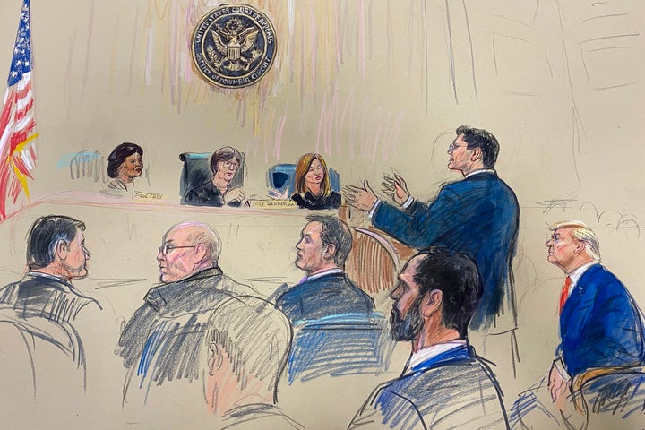 This artist sketch depicts former President Donald Trump, seated right, listening as his attorney John Sauer, standing, speaks before the D.C. Circuit Court of Appeals at the federal courthouse, Tuesday, Jan. 9, in Washington, D.C.