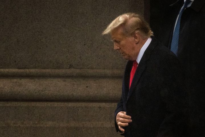 Former U.S. President Donald Trump departs the Waldorf Astoria where he held a press conference following his appearance in court on Jan. 9 in Washington, D.C.