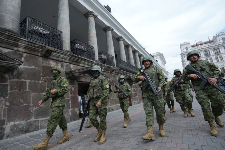 Soldiers patrol outside the government palace during a state of emergency in Quito, Ecuador, on Jan. 9, 2024. The country has seen a series of attacks after the government imposed a state of emergency in the wake of the apparent escape of a powerful gang leader from prison.