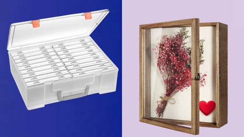 An acid-free photo keeper and a wall-mounted shadow box.