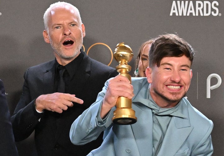 Martin McDonagh and Barry Keoghan after "Banshees" won the Golden Globe for Best Musical/Comedy.