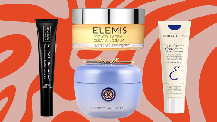 Revision Skincare Youthfull Lip Replenisher balm, Elemis Pro-Collagen Cleansing Balm, Tatcha The Dewy cream and Embryolisse lait-crême concentré cream.