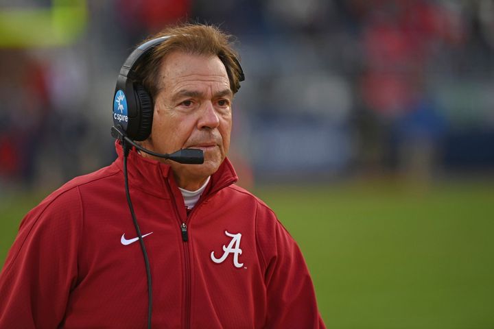 Nick Saban walks along the sideline during the first half of an NCAA college football game in November 2022.