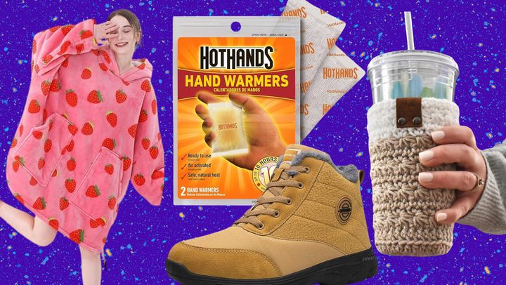 An oversized strawberry sweater, HotHands hand warmers, winter boots and cozy cup sleeve for iced drinks.