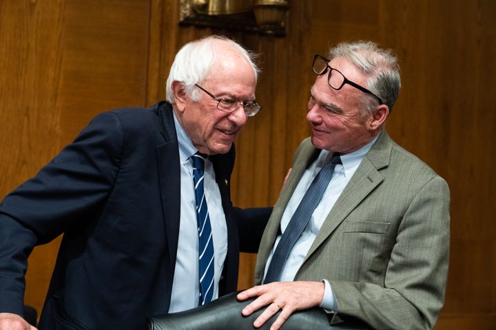 Chairman Bernie Sanders (left) and Sen. Tim Kaine are seen during the Senate Health, Education, Labor and Pensions Committee hearing on June 8, 2023.