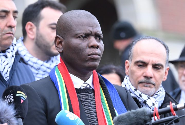 Minister of Justice and Correctional Services of South Africa Ronald Lamola answers reporters' questions related to the public hearings of South Africa's genocide case against Israel at the International Court of Justice (ICJ) in The Hague, Netherlands on January 11, 2024.