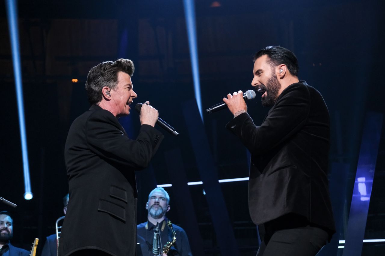 Rick Astley and Rylan performing together at London's Roundhouse