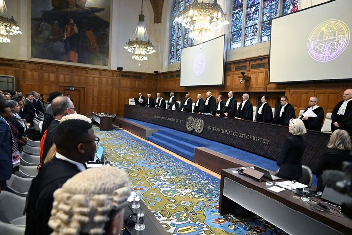 THE HAGUE, NETHERLANDS - JANUARY 12: Judges take their seats prior to the hearing of Israel's defense at the International Court of Justice (ICJ) against South Africa's genocide case in Gaza against Israel on January 12, 2024, in the Hague, Netherlands. (Photo by Dursun Aydemir/Anadolu via Getty Images)