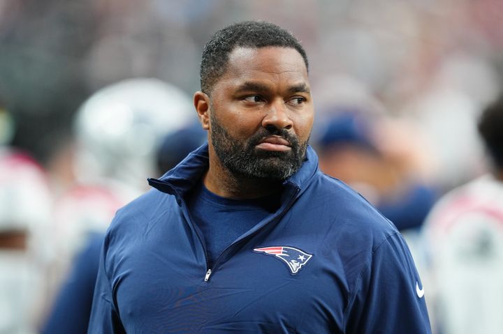 Jerod Mayo, then the linebackers coach for the New England Patriots, looks on before a game against the Las Vegas Raiders on October 15, 2023.