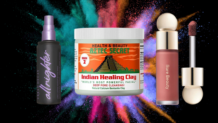 A setting spray, the renowned Aztec Secret Healing Clay and a Rare Beauty liquid blush