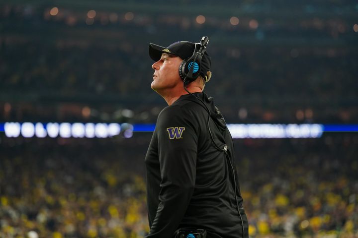 HOUSTON, TX - JANUARY 08: Washington Huskies head coach Kalen DeBoer looks on during the CFP National Championship game between the Michigan Wolverines and Washington Huskies on January 8, 2024 at NRG Stadium in Houston, Texas. (Photo by Daniel Dunn/Icon Sportswire via Getty Images)
