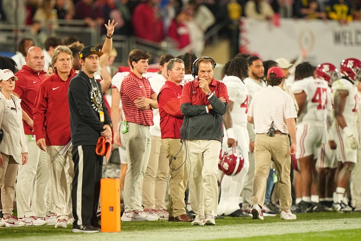 College Football: Rose Bowl: Alabama head coach Nick Saban walks the sideline vs Michigan at the Rose Bowl. Pasadena, FL 1/1/2024 CREDIT: Erick W. Rasco (Photo by Erick W. Rasco/Sports Illustrated via Getty Images) (Set Number: X164471 TK1)