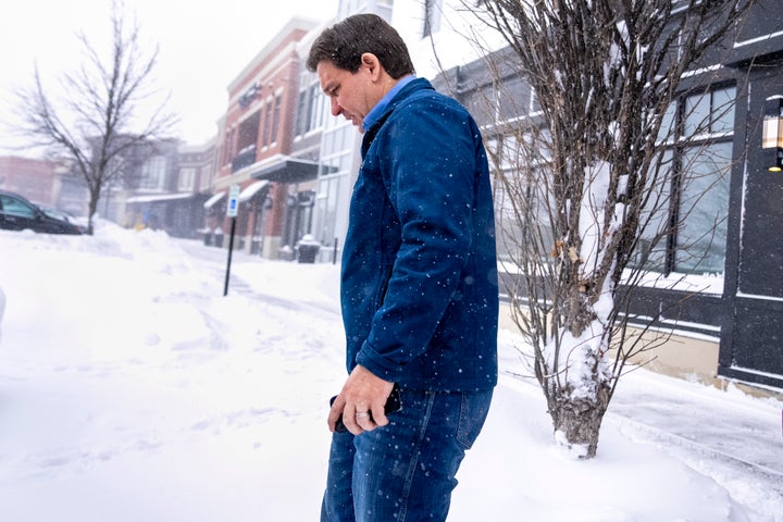 Republican presidential candidate Florida Gov. Ron DeSantis departs after speaking at a Northside Conservatives Club Meeting at The District in Ankeny, Iowa, on Jan. 12, 2024. The Arctic-like temperatures are raising concerns about turnout for the Iowa caucus on Jan.15.