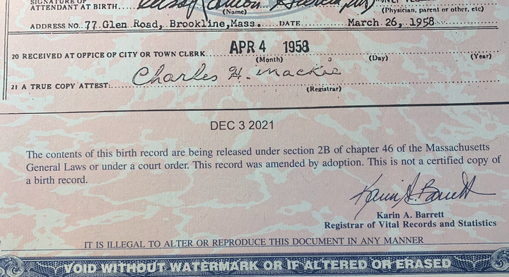 The author's original (pre-adoption) birth certificate, which notes it is "not a certified copy of a birth record."