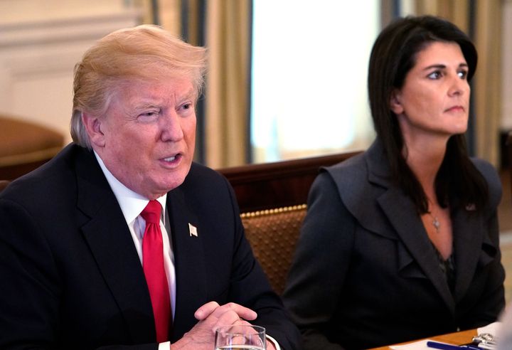 Then-President Donald Trump speaks as Nikki Haley, then-U.S. Ambassador to the United Nations, looks on. Haley is now his top rival in the GOP presidential primary.