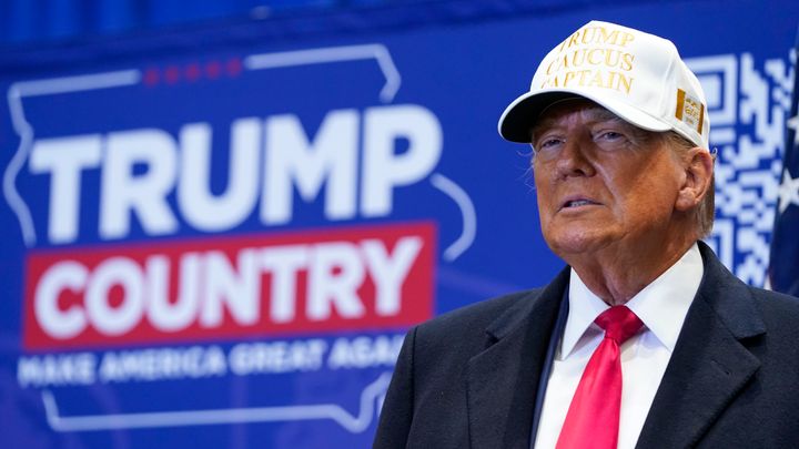 Republican presidential candidate former President Donald Trump arrives to speak at a rally at Simpson College in Indianola, Iowa, Sunday, Jan. 14, 2024. (AP Photo/Andrew Harnik)