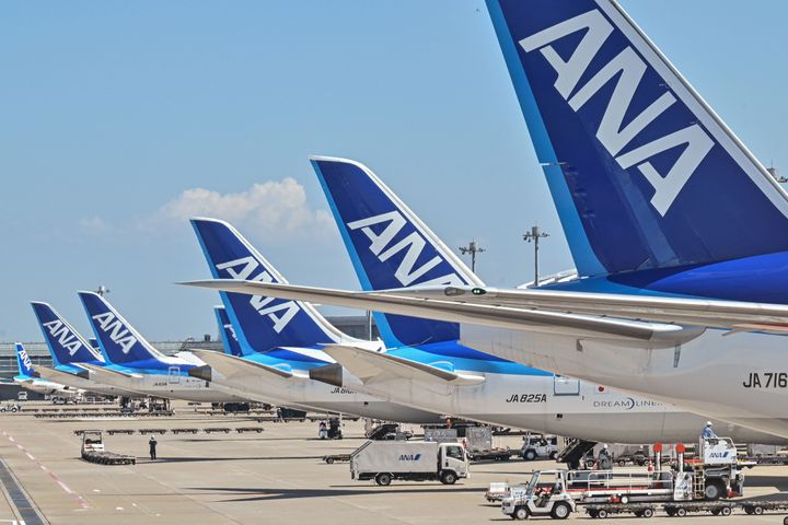 Planes for Japanese airline All Nippon Airways are seen in Tokyo.