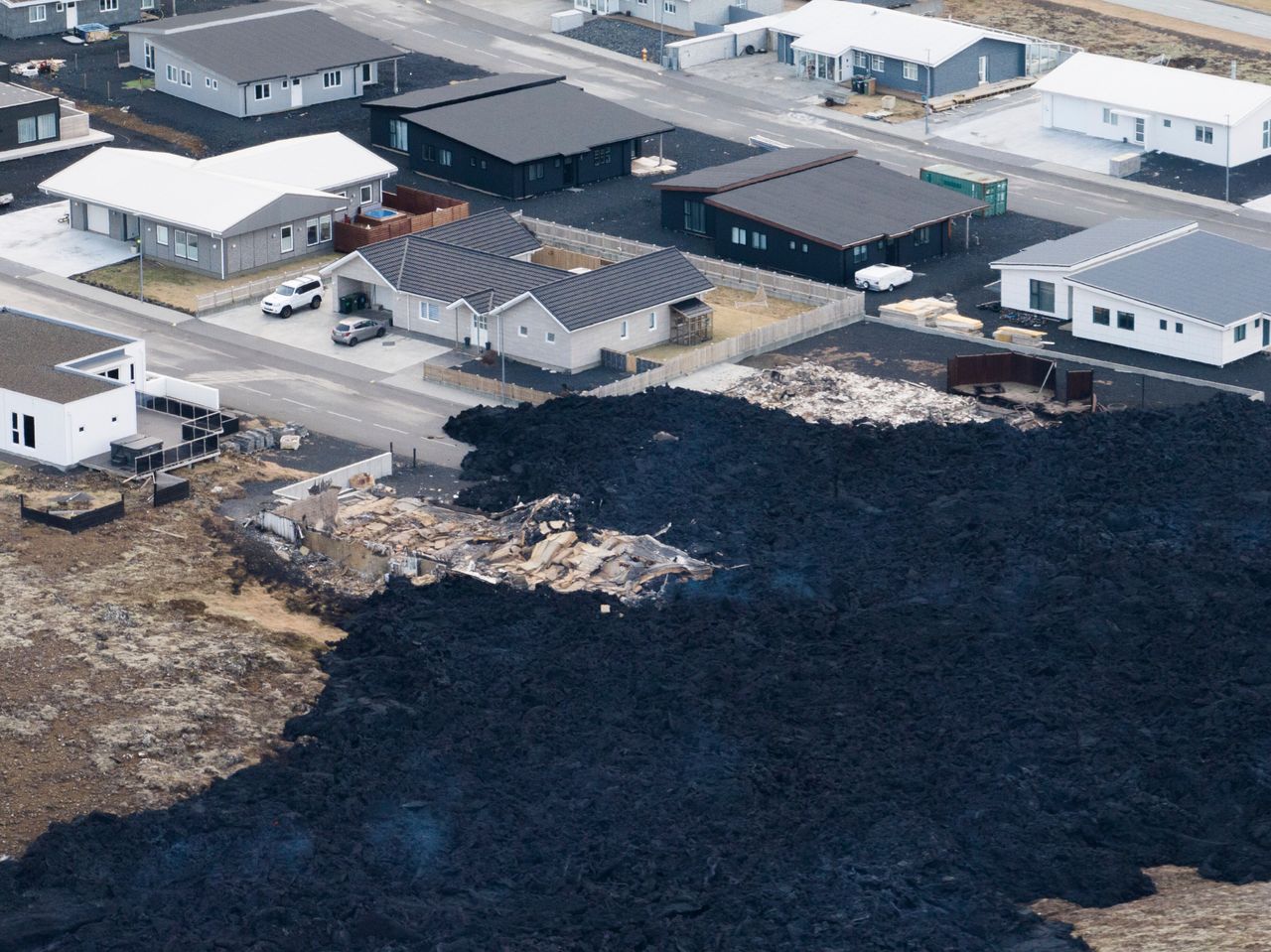 An aerial view of the lava flow front in the town on Monday. Iceland's president says the country is battling "tremendous forces of nature."