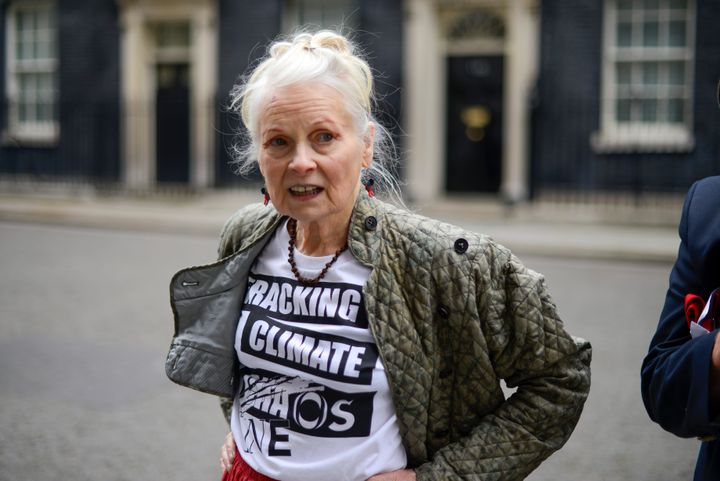シェールガスの採掘手法「フラッキング」による環境汚染や地盤への影響が考えられることから、イギリス首相官邸前で抗議するヴィヴィアン・ウエストウッドさん（2018年6月5日）