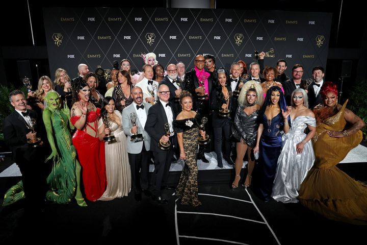 RuPaul backstage with the cast and crew of Drag Race following the show's latest Emmy win