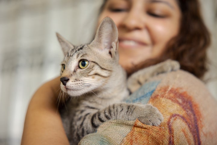 Woman hugging a stray cat in an animal shelter