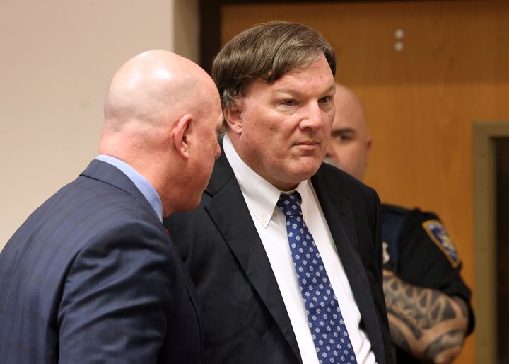 Alleged Gilgo serial killer Rex Heuermann appears before Judge Timothy P. Mazzei with his attorney Michael Brown at Suffolk County Court on Tuesday.