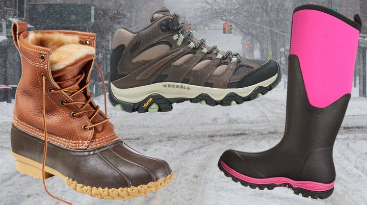 Shearling-lined insulated Bean boots, Merrell waterproof Moab 3 boots and Muck Boots.