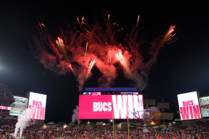 Fireworks go off over Raymond James Stadium after the Tampa Bay Buccaneers defeated the Philadelphia Eagles during an NFL playoff game, Monday, Jan. 15, 2024 in Tampa, Fla. (AP Photo/Doug Murray)