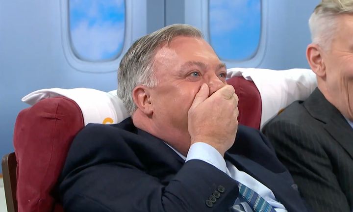 Ed Balls reacts to accidentally kicking his co-host in the head