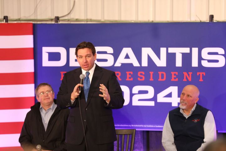 Republican presidential candidate Florida Gov. Ron DeSantis speaks at a rally on Tuesday in Greenville, South Carolina.