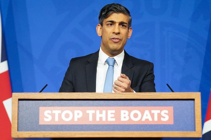 Rishi Sunak hosts a press conference inside the Downing Street Briefing Room.