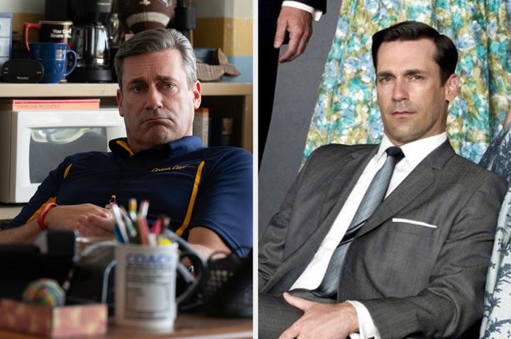 Jon Hamm as Coach Carr in Mean Girls (left) and Don Draper in Mad Men (right)