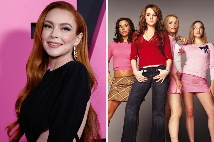 Lindsay Lohan at the Mean Girls 2024 premiere (left) and in the original film with co-stars Lacey Chabert, Rachel McAdams and Amanda Seyfried (right)
