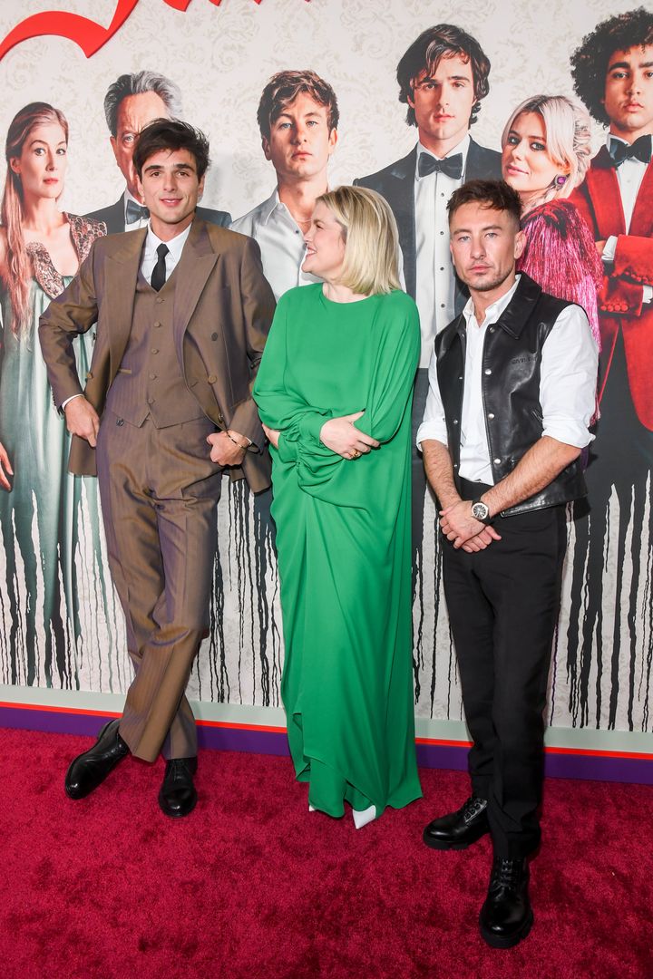 Emerald Fennell with Saltburn stars Jacob Elordi and Barry Keoghan at the film's premiere