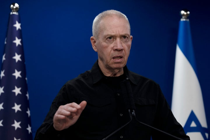 Israel Minister of Defense Yoav Gallant makes a joint statement with his U.S. counterpart, Secretary of Defense Lloyd Austin, after their meeting about Israel's military operation in Gaza, in Tel Aviv, Israel, Monday, Dec. 18, 2023. Gallant calling Palestinians "human animals" in October is one of many dehumanizing statements South Africa is citing in its case accusing Israel of committing genocide.