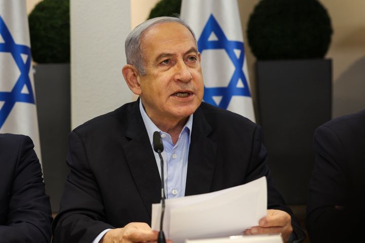 Israeli Prime Minister Benjamin Netanyahu speaks during the weekly cabinet meeting at the Defence Ministry in Tel Aviv, Israel, Sunday Jan. 7, 2024.