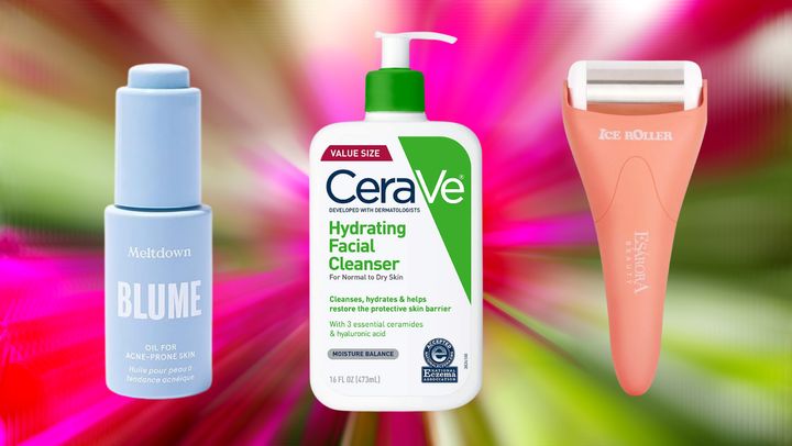 Blume’s meltdown acne oil, CeraVe’s hydrating cleanser and an ice roller