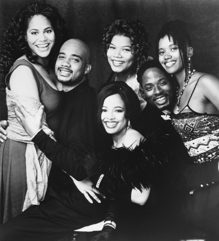 From left: Kim Coles, John Henton, Kim Fields (front), Queen Latifah (back), T.C. Carson and Erika Alexander on 