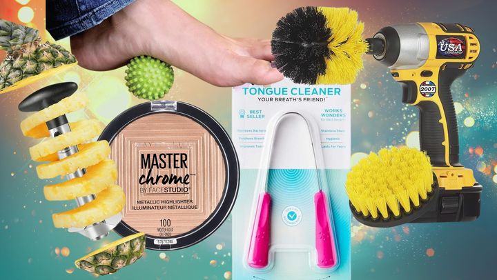 A pineapple corer, a mini massage ball, a Maybelline metallic highlighter, drill brush scrubbing attachments and a stainless-steel tongue cleaner.