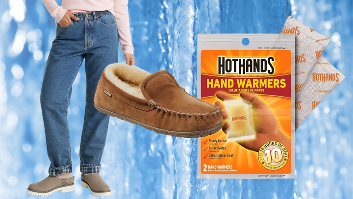 Flannel-lined jeans from L.L.Bean, L.L.Bean Wicked Good slippers and HotHands hand warmers from Amazon.