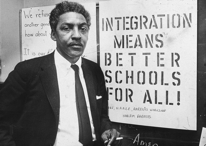 Bayard Rustin, spokesperson for the Citywide Committee for Integration, at the organization's headquarters in Brooklyn, New York, in 1964.