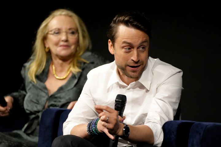 J. Smith-Cameron and Kieran Culkin appear on stage at the Succession FYC Event at Paramount Pictures Studios on Jan. 16 in Los Angeles.