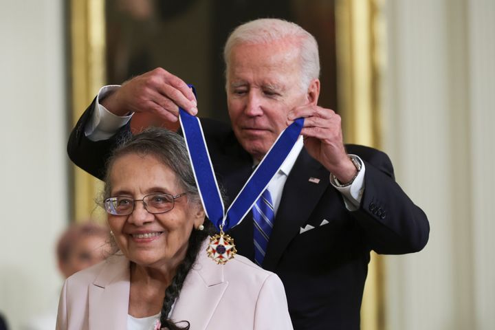 President Joe Biden presents the Presidential Medal of Freedom to Diane Nash, a founding member of the Student Nonviolent Coordinating Committee, during a ceremony in the East Room of the White House on July 7, 2022.